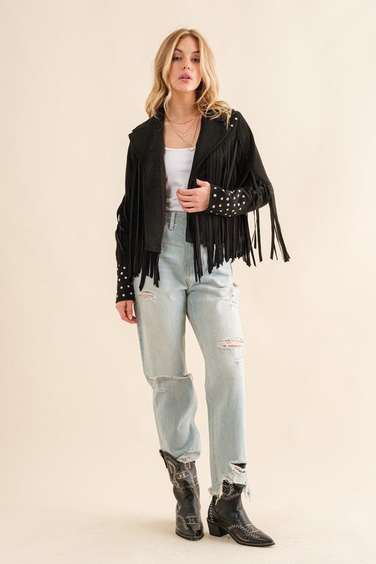 Black Studded Fringe Open Western Jacket