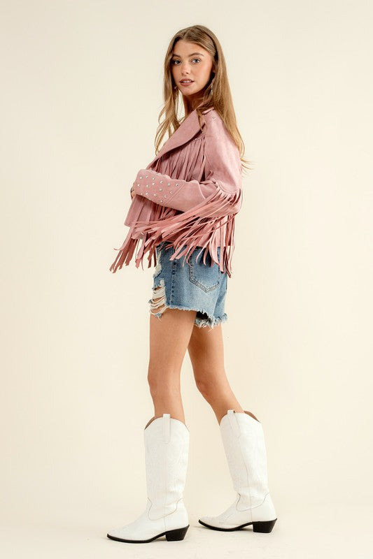 blush pink Studded Fringe Open Western Jacket