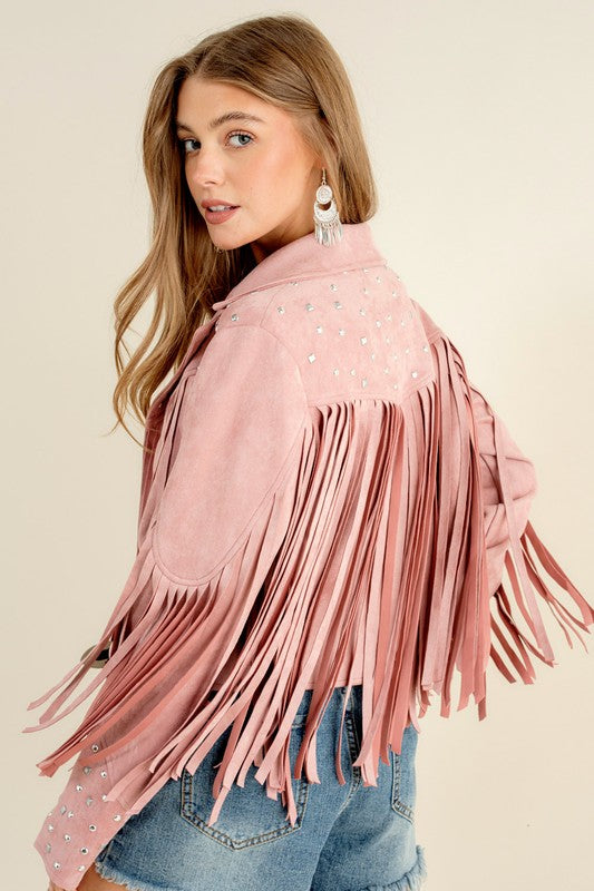 blus pink Studded Fringe Open Western Jacket