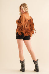 camel Studded Fringe Open Western Jacket