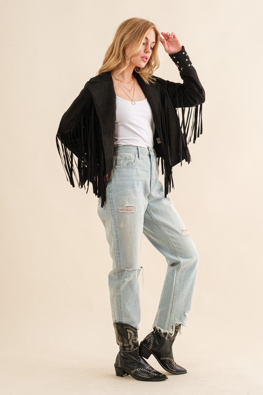 Black Studded Fringe Open Western Jacket