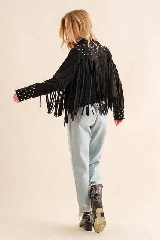 Black Studded Fringe Open Western Jacket