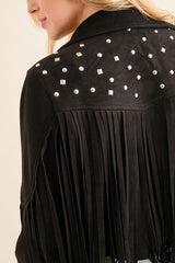 Black Studded Fringe Open Western Jacket