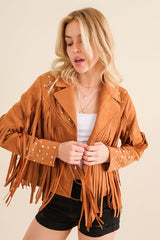 camel Studded Fringe Open Western Jacket