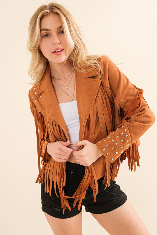 camel Studded Fringe Open Western Jacket