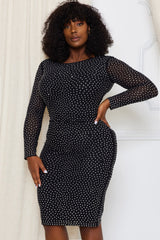 Black Translucent Silver Rhinestone Plus Size Midi Dress