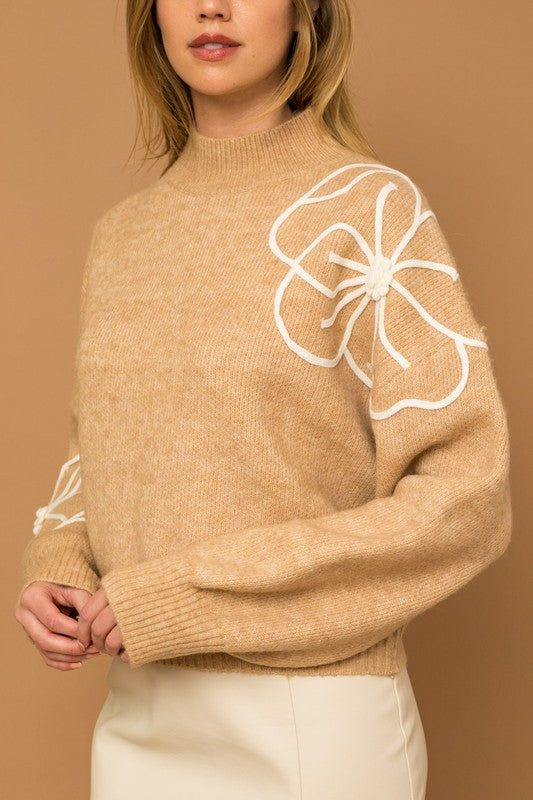 Cozy Flower Embroidery Mock Neck Sweater