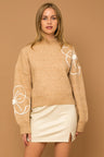 Cozy Flower Embroidery Mock Neck Sweater