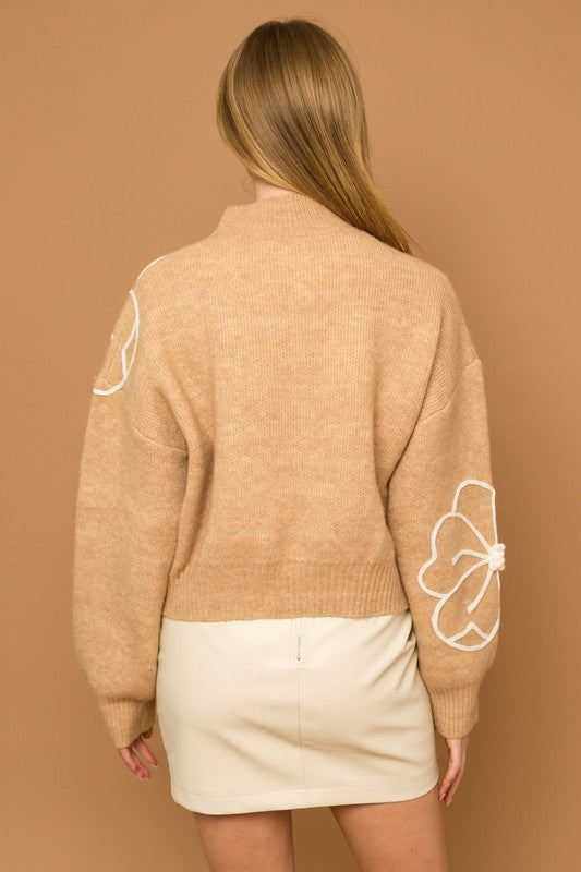 Cozy Flower Embroidery Mock Neck Sweater