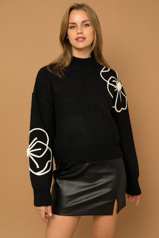 Cozy Flower Embroidery Mock Neck Sweater