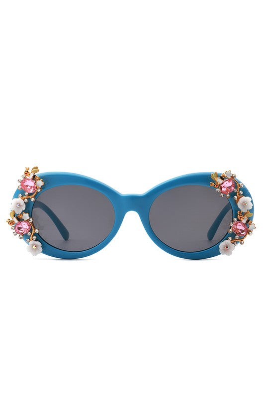 blue Oval Floral Design Sunglasses
