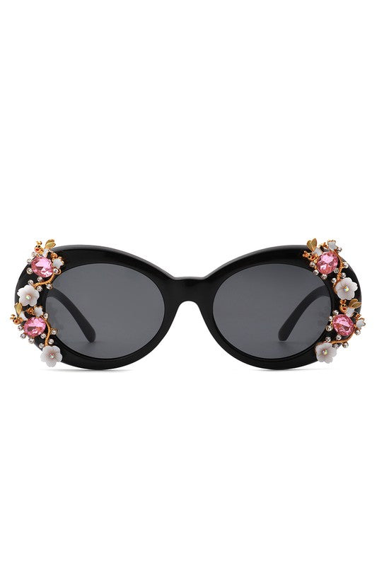 Black Oval Floral Design Sunglasses