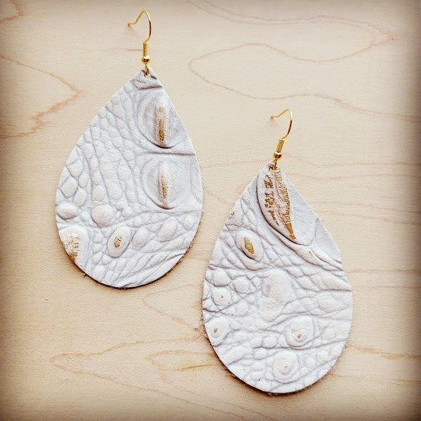 White and Gold Gator Leather Teardrop Earrings