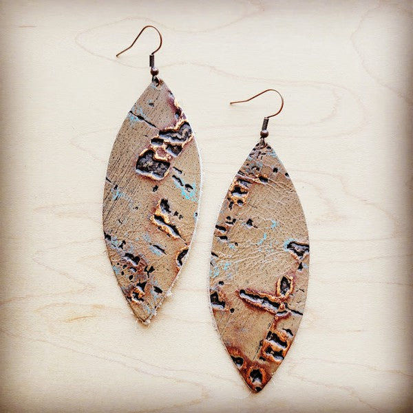 Tarnished Driftwood Narrow Leather Oval Earrings