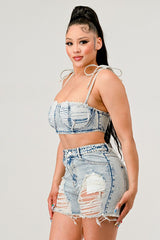 Tied Up Light Wash Denim Short Set