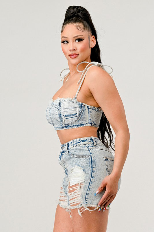 Tied Up Light Wash Denim Short Set