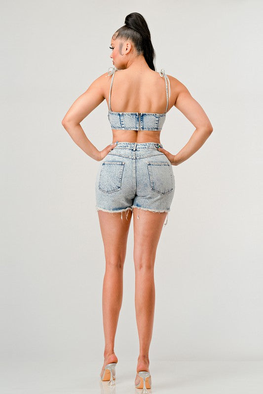 Tied Up Light Wash Denim Short Set