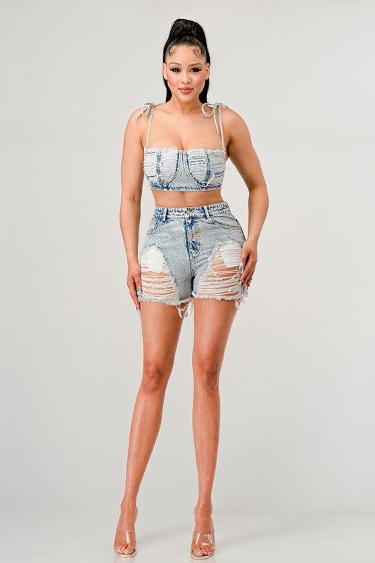 Tied Up Light Wash Denim Short Set