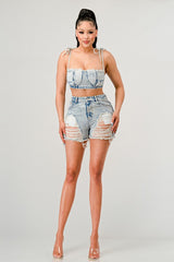 Tied Up Light Wash Denim Short Set