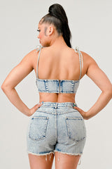 Tied Up Light Wash Denim Short Set