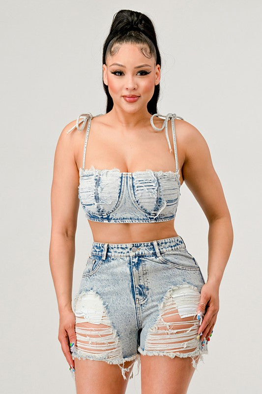 Tied Up Light Wash Denim Short Set