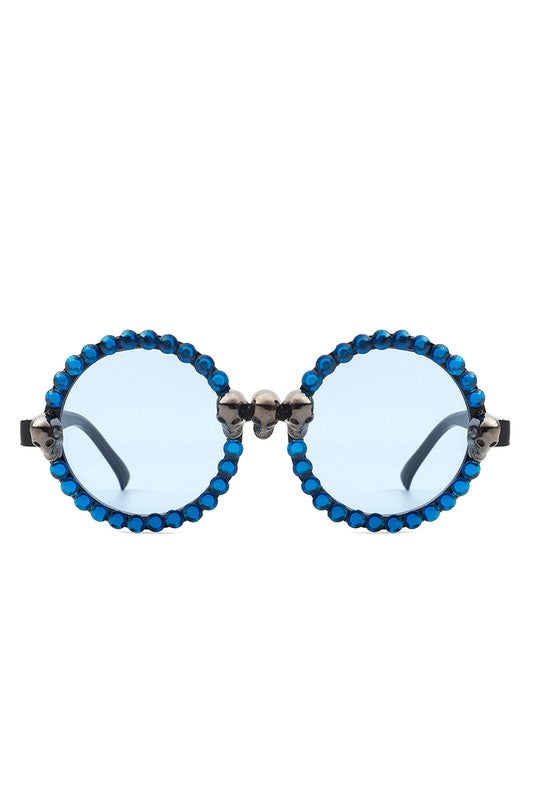 blue Round Gothic Rhinestone Skull Punk Sunglasses