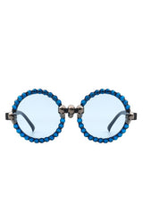 blue Round Gothic Rhinestone Skull Punk Sunglasses