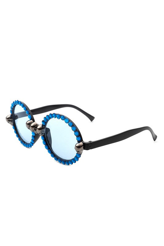 blue Round Gothic Rhinestone Skull Punk Sunglasses
