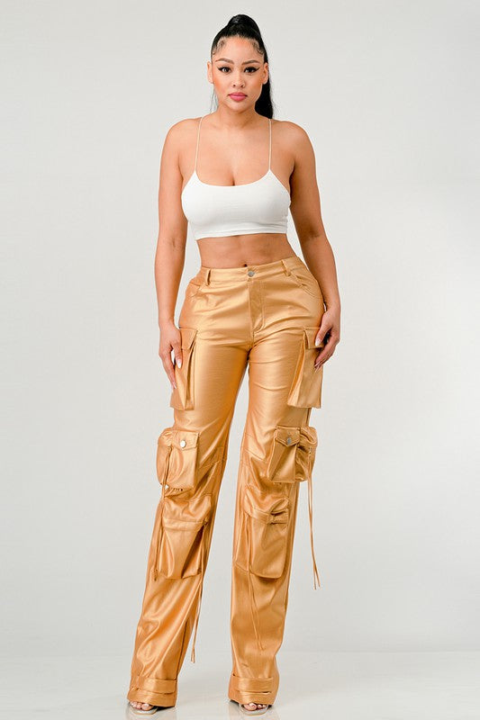 gold High Profile Faux Leather Cargo Pants
