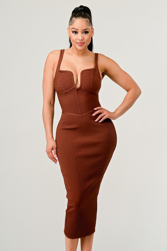 Ribbed Bandage Midi Dress in Brown