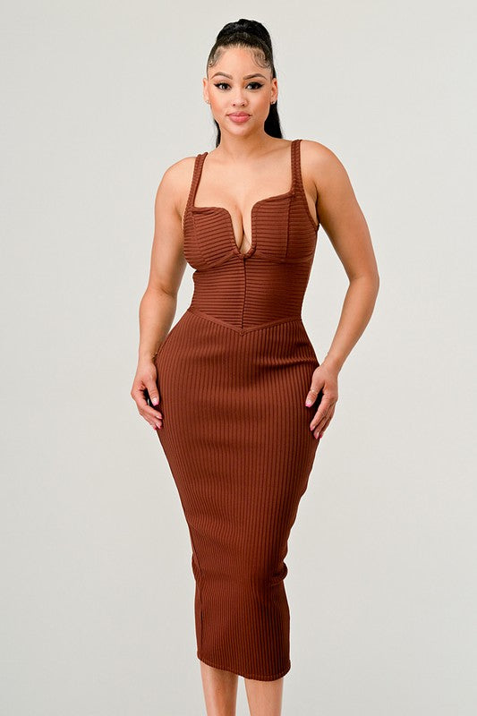 Ribbed Bandage Midi Dress in Brown