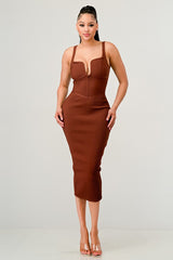 Ribbed Bandage Midi Dress in Brown