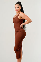 Ribbed Bandage Midi Dress in Brown