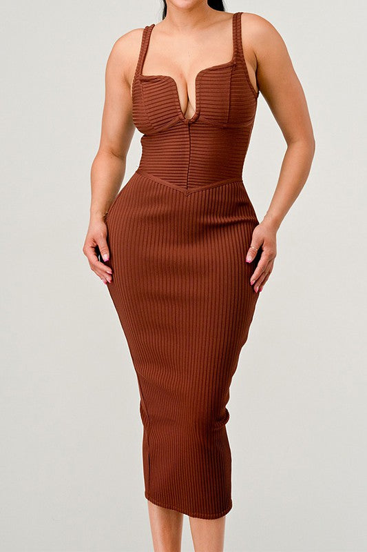 Ribbed Bandage Midi Dress in Brown