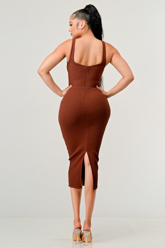 Ribbed Bandage Midi Dress in Brown