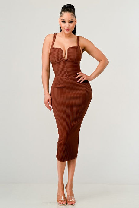 Ribbed Bandage Midi Dress in Brown