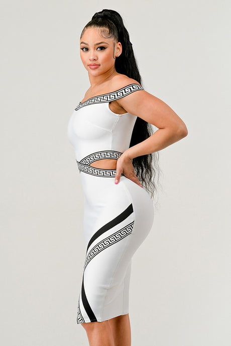 white bandage mini dress with greek inspired print trim