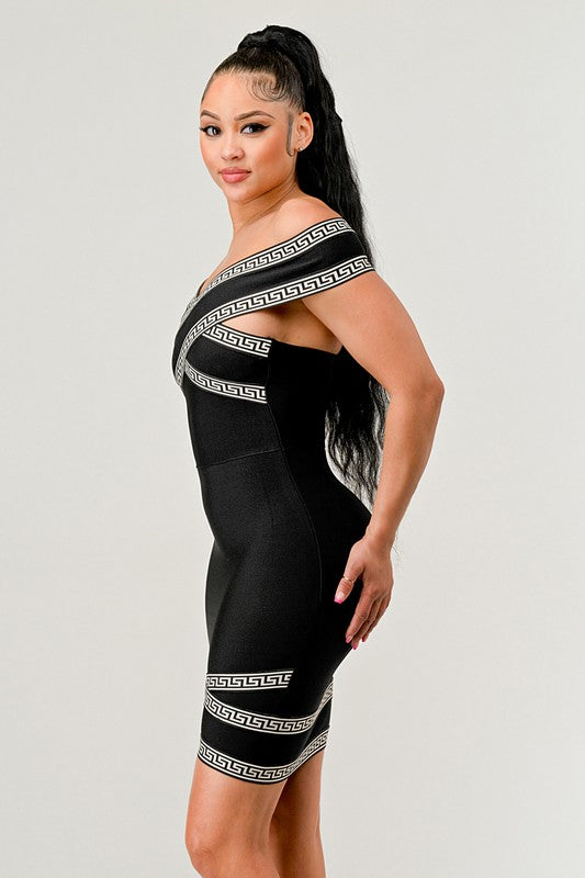 Black bandage mini dress with greek inspired print trim