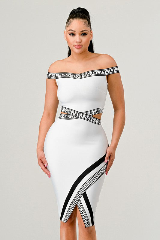 white bandage mini dress with greek inspired print trim