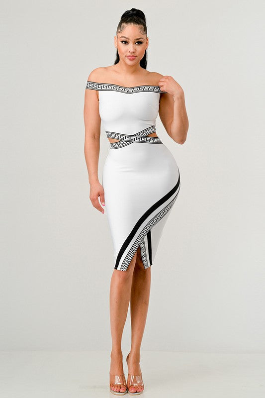 white bandage mini dress with greek inspired print trim