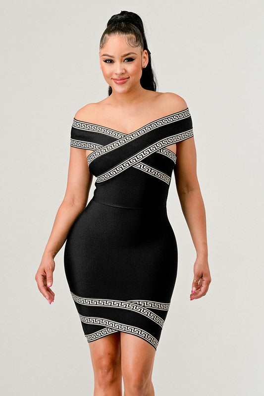 Black bandage mini dress with greek inspired print trim