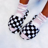 black and white Cozy Checker Lounge Slippers