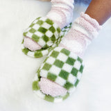 green and white Cozy Checker Lounge Slippers