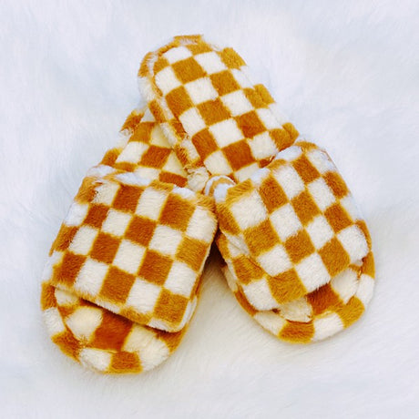 brown and white Cozy Checker Lounge Slippers