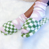 green and white Cozy Checker Lounge Slippers