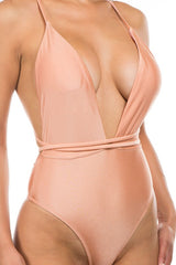 close up of pink Low V-Neck One Piece Swimsuit