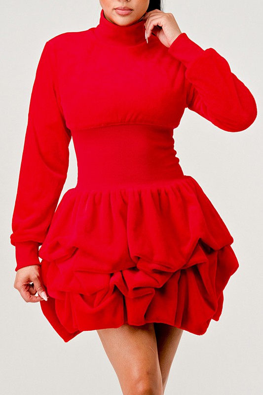 red Cascading Ruffles Long Sleeve Dress