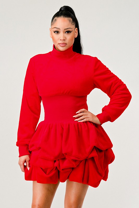 red Cascading Ruffles Long Sleeve Dress
