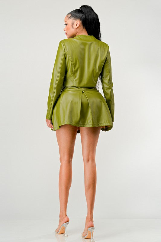 Olive Green Faux Leather Jacket with Matching Pleated Skirt Set