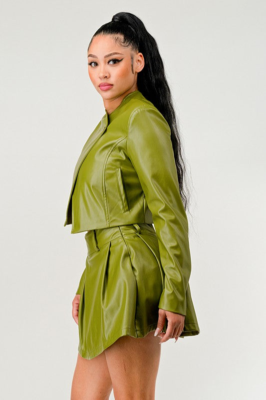 Olive Green Faux Leather Jacket with Matching Pleated Skirt Set